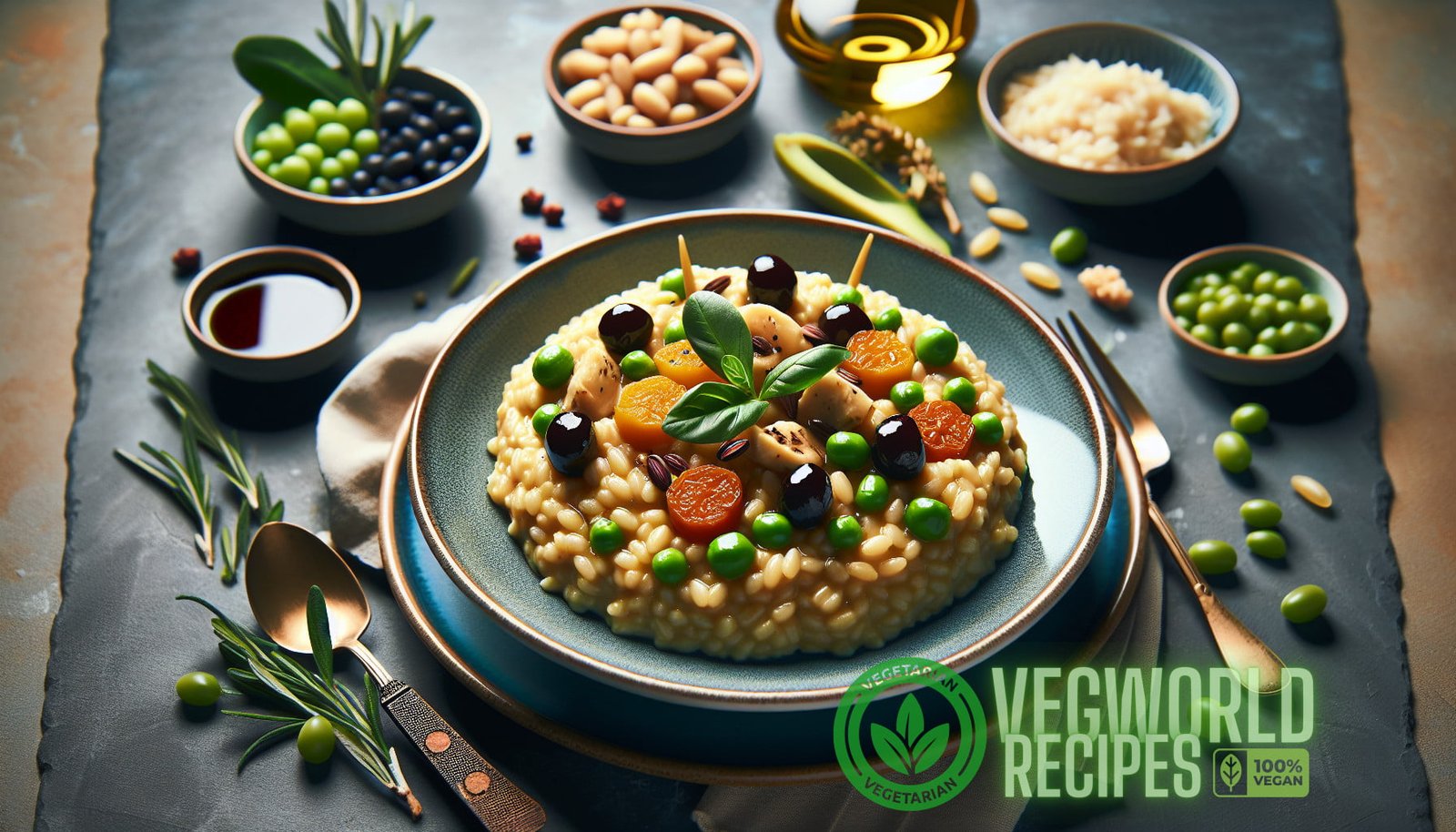 Ilustración para la sección: El risotto es un plato de arroz cremoso y reconfortante originario del norte de Italia. Tradicionalmente, risot - delicias italianas vegetarianas